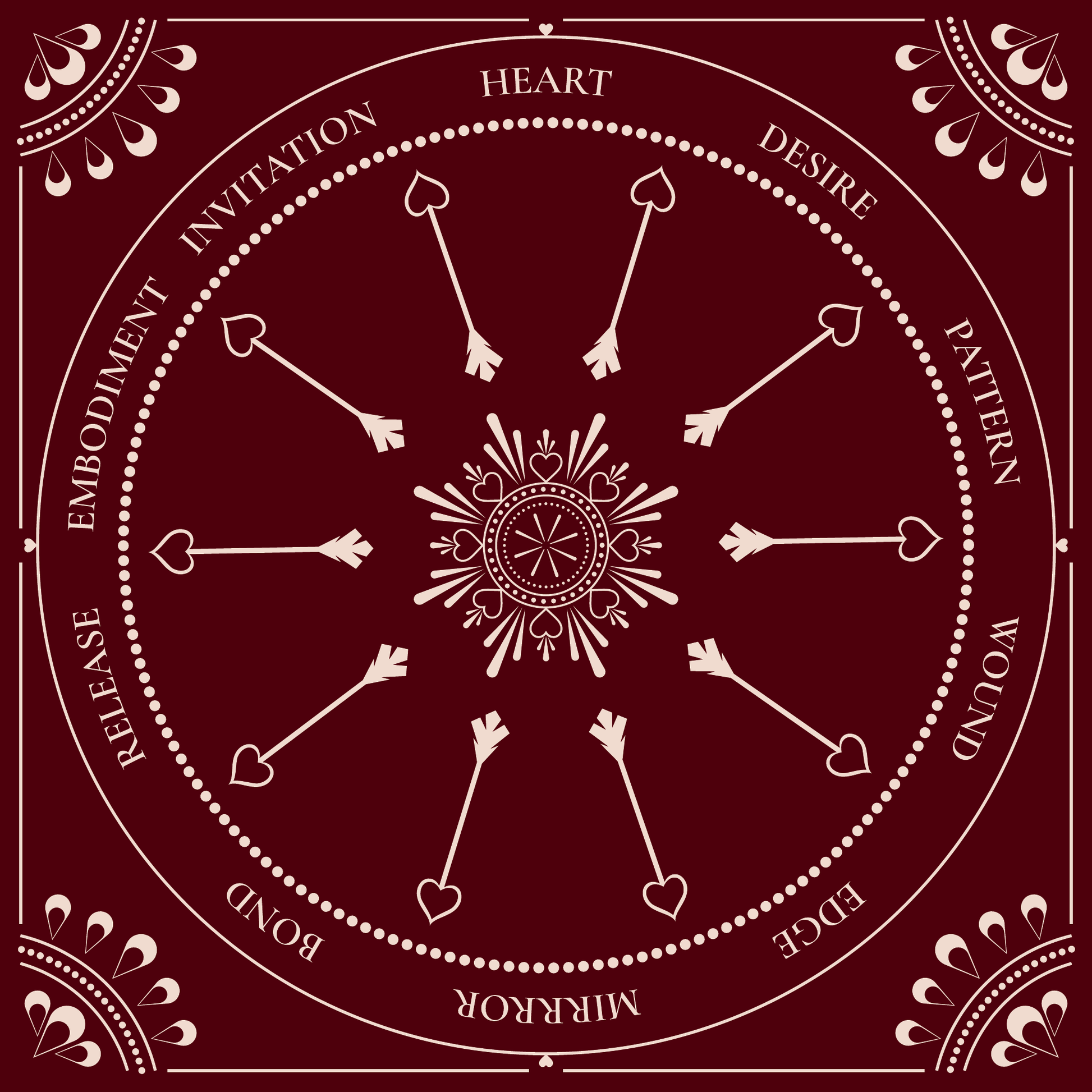 Love Altar Cloth in Burgundy and Cream, a 10 section love reading spread with Cupid arrows and hearts