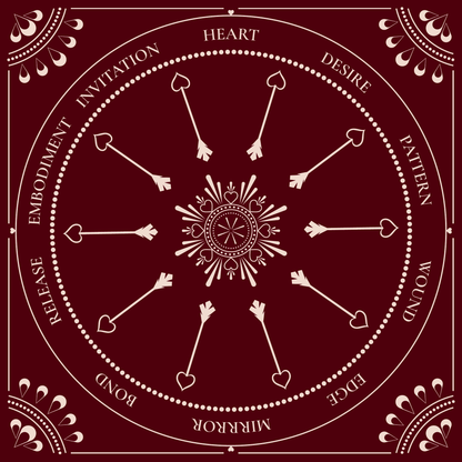 Love Altar Cloth in Burgundy and Cream, a 10 section love reading spread with Cupid arrows and hearts