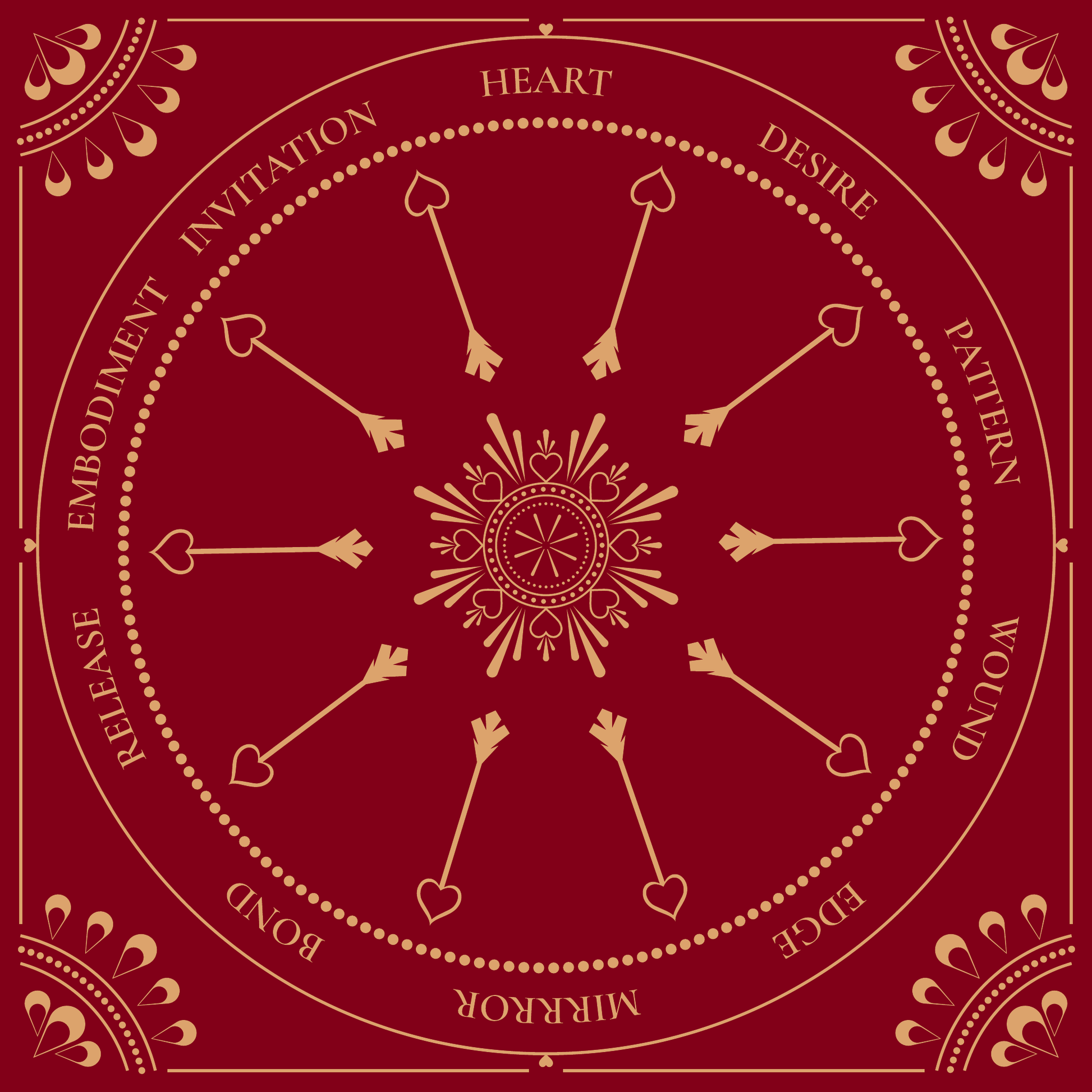 Love Altar Cloth in Dark Red and Gold, a 10 section love reading spread with Cupid arrows and hearts