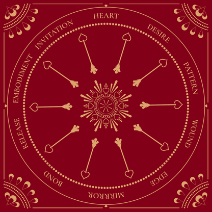 Love Altar Cloth in Dark Red and Gold, a 10 section love reading spread with Cupid arrows and hearts