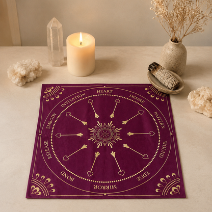 Love Altar Cloth in Burgundy with a candle, clear quartz and dried flowers