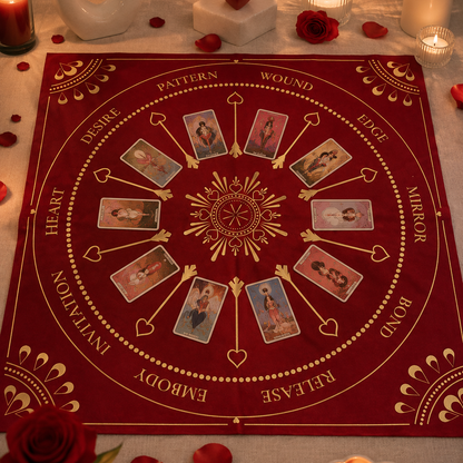 Love Altar Cloth in Dark Red styled with tarot cards, candles and roses