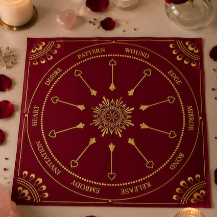 Love Altar Cloth in Dark Red with candles, a red rose and rose quartz
